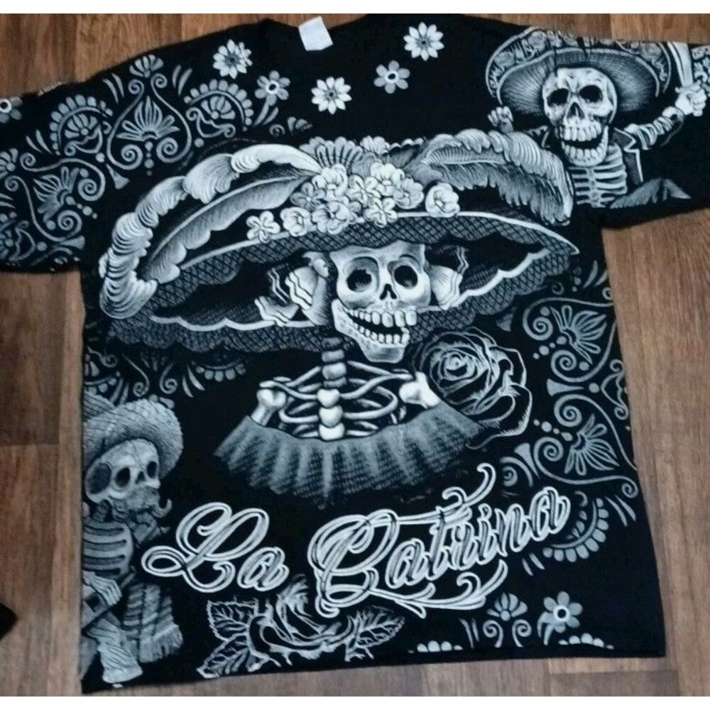 Vtg La Catrina T Shirt Mens XL Dia De Los Muertos Skull AOP Yazbek Mexico Gothic
